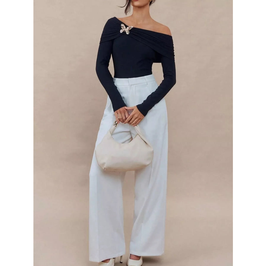 Elegant Off-Shoulder Long Sleeve Top with Butterfly Detail Apparel and Accessories
