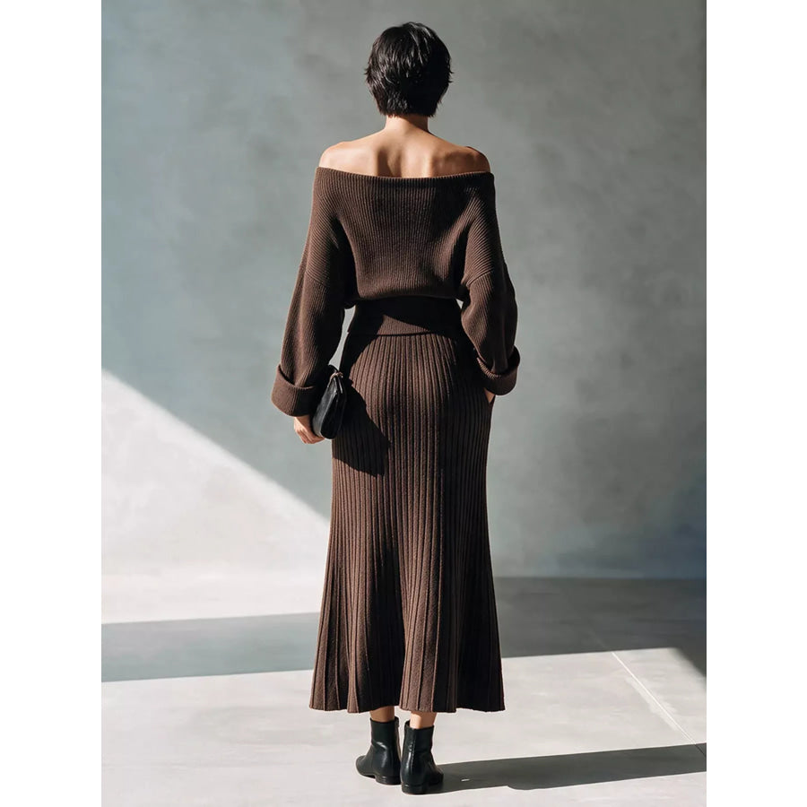 Elegant Off-Shoulder Ribbed Knit Top and Skirt Set Apparel Accessories