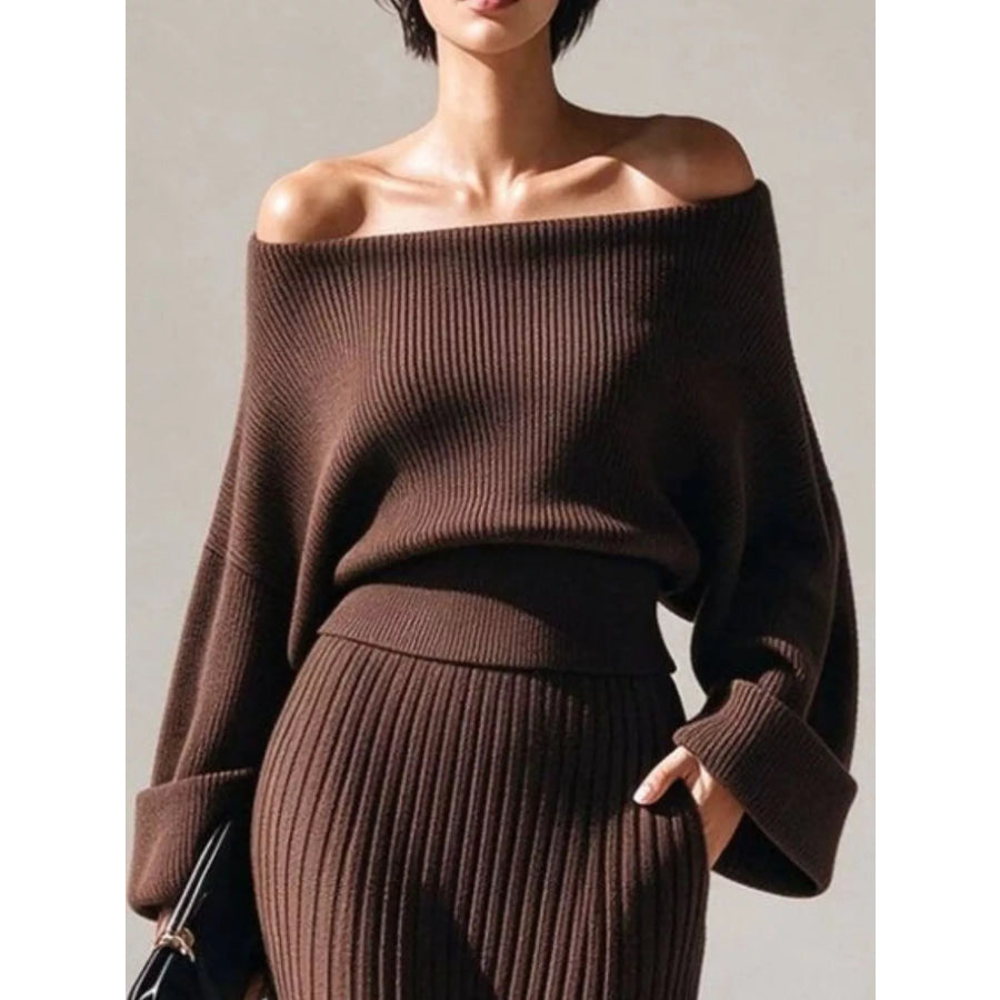 Elegant Off-Shoulder Ribbed Knit Top and Skirt Set Apparel Accessories