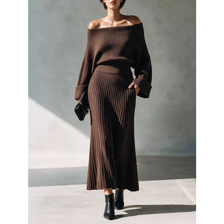 Elegant Off-Shoulder Ribbed Knit Top and Skirt Set Dark Brown / S Apparel Accessories