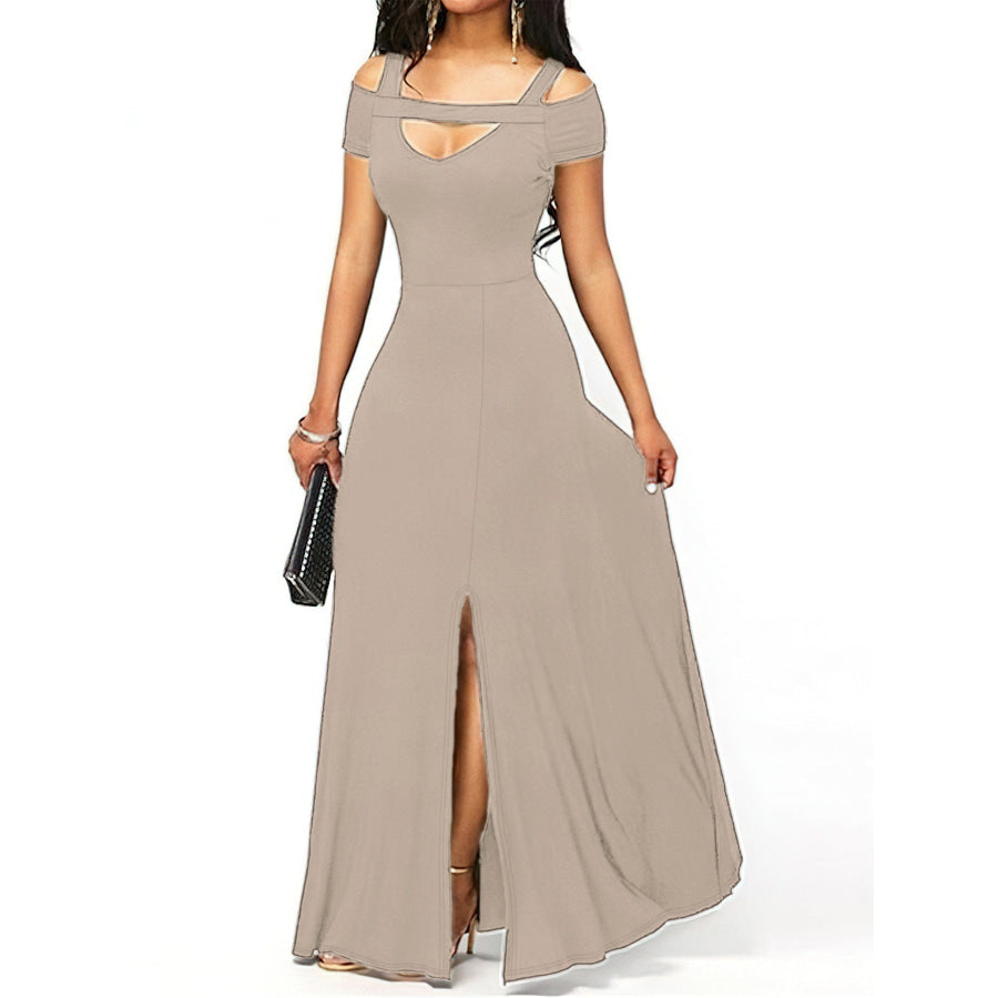 Elegant Off-Shoulder Slit Maxi Dress Apricot / S Apparel and Accessories