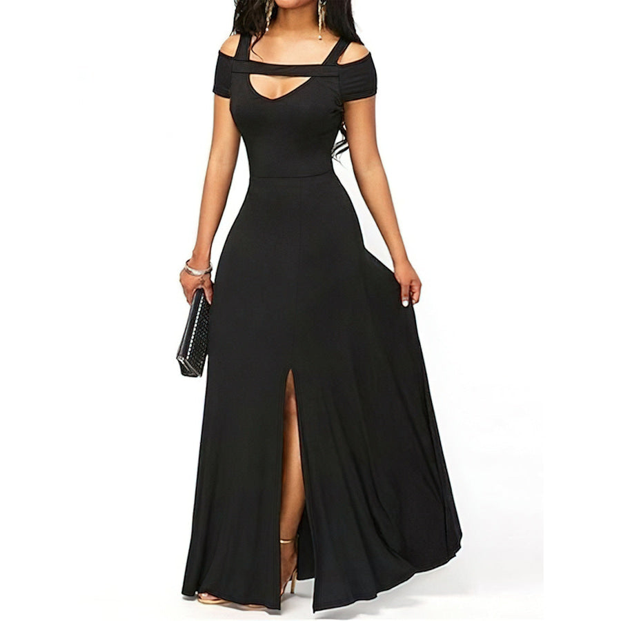 Elegant Off-Shoulder Slit Maxi Dress Black / S Apparel and Accessories