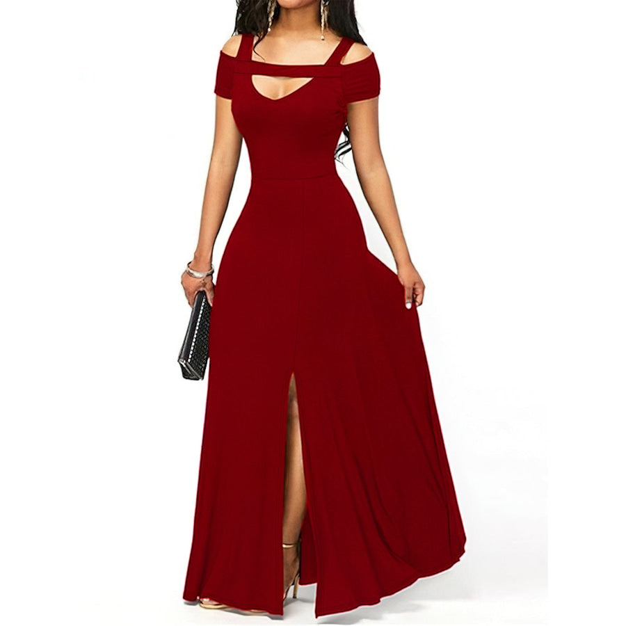 Elegant Off-Shoulder Slit Maxi Dress Burgundy / S Apparel and Accessories