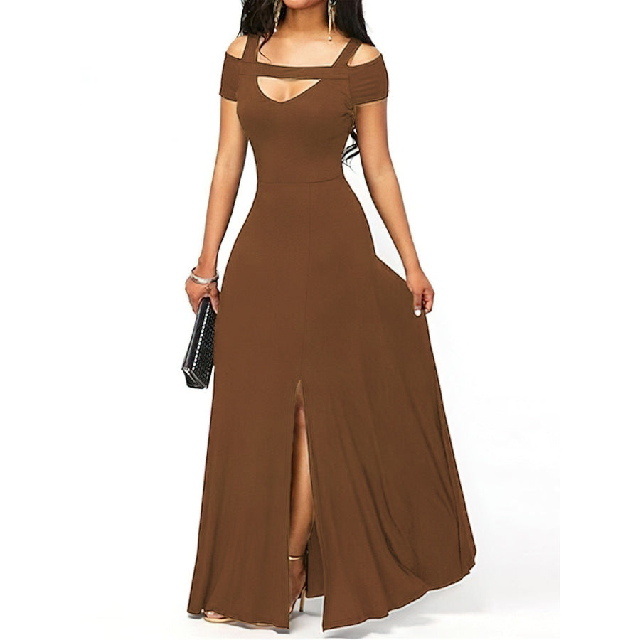 Elegant Off-Shoulder Slit Maxi Dress Coffee Brown / S Apparel and Accessories