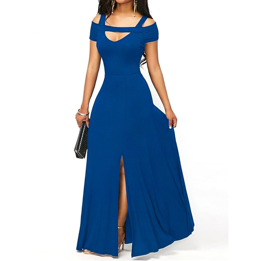 Elegant Off-Shoulder Slit Maxi Dress Navy / S Apparel and Accessories