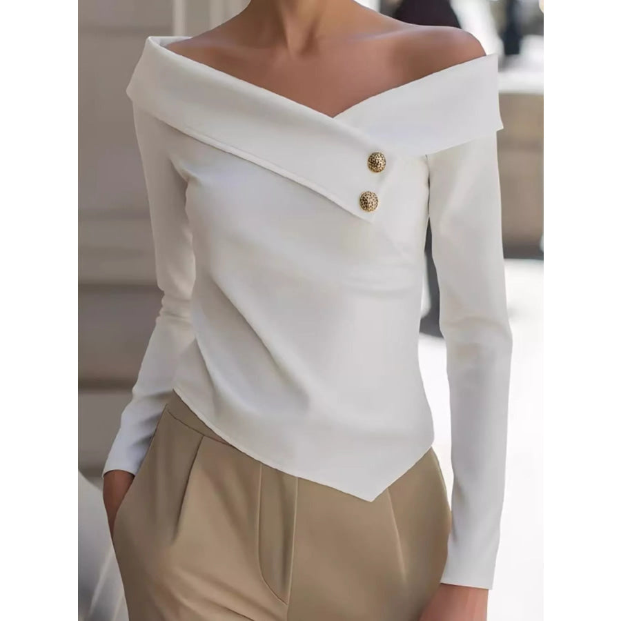 Elegant Off-the-Shoulder Blouse with Decorative Buttons Apparel and Accessories