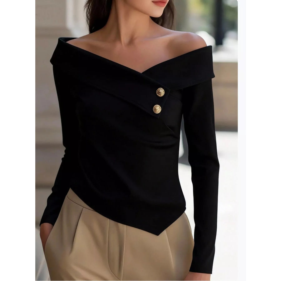 Elegant Off-the-Shoulder Blouse with Decorative Buttons Black / S Apparel and Accessories