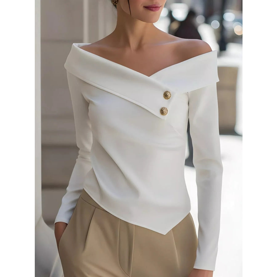 Elegant Off-the-Shoulder Blouse with Decorative Buttons White / S Apparel and Accessories