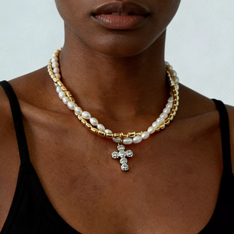 Elegant Pearl Alloy Necklace with Rhinestone Cross Pendant Apparel and Accessories
