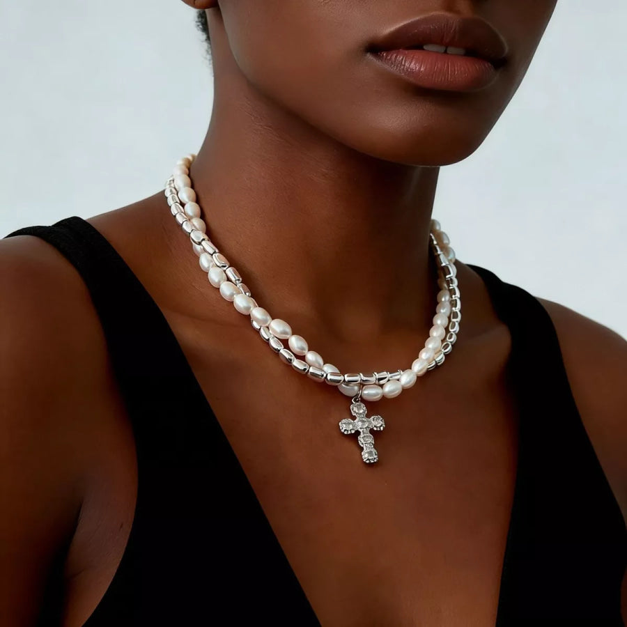 Elegant Pearl Alloy Necklace with Rhinestone Cross Pendant Apparel and Accessories