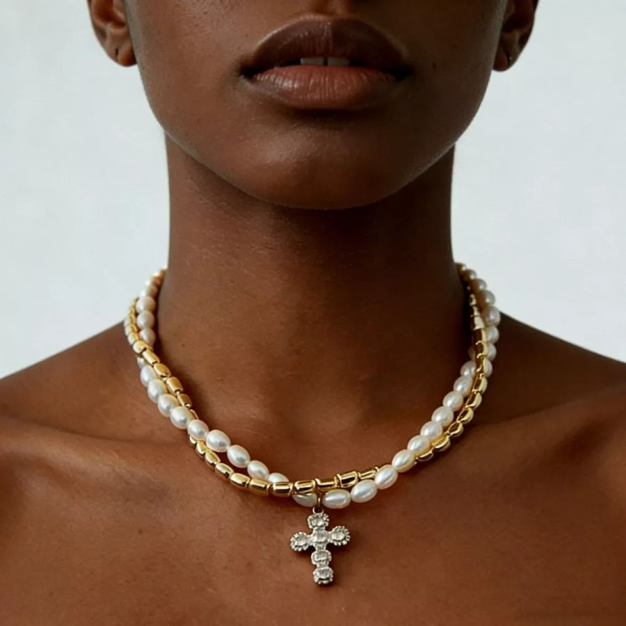 Elegant Pearl Alloy Necklace with Rhinestone Cross Pendant Apparel and Accessories