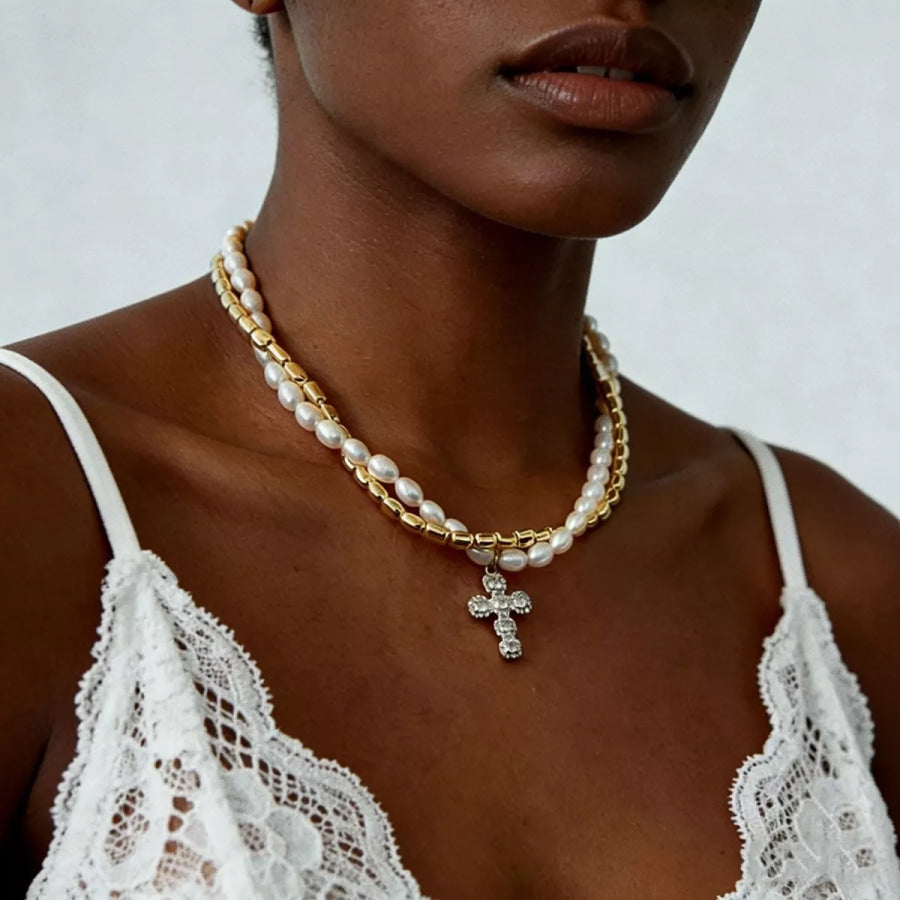 Elegant Pearl Alloy Necklace with Rhinestone Cross Pendant Gold / onesize Apparel and Accessories