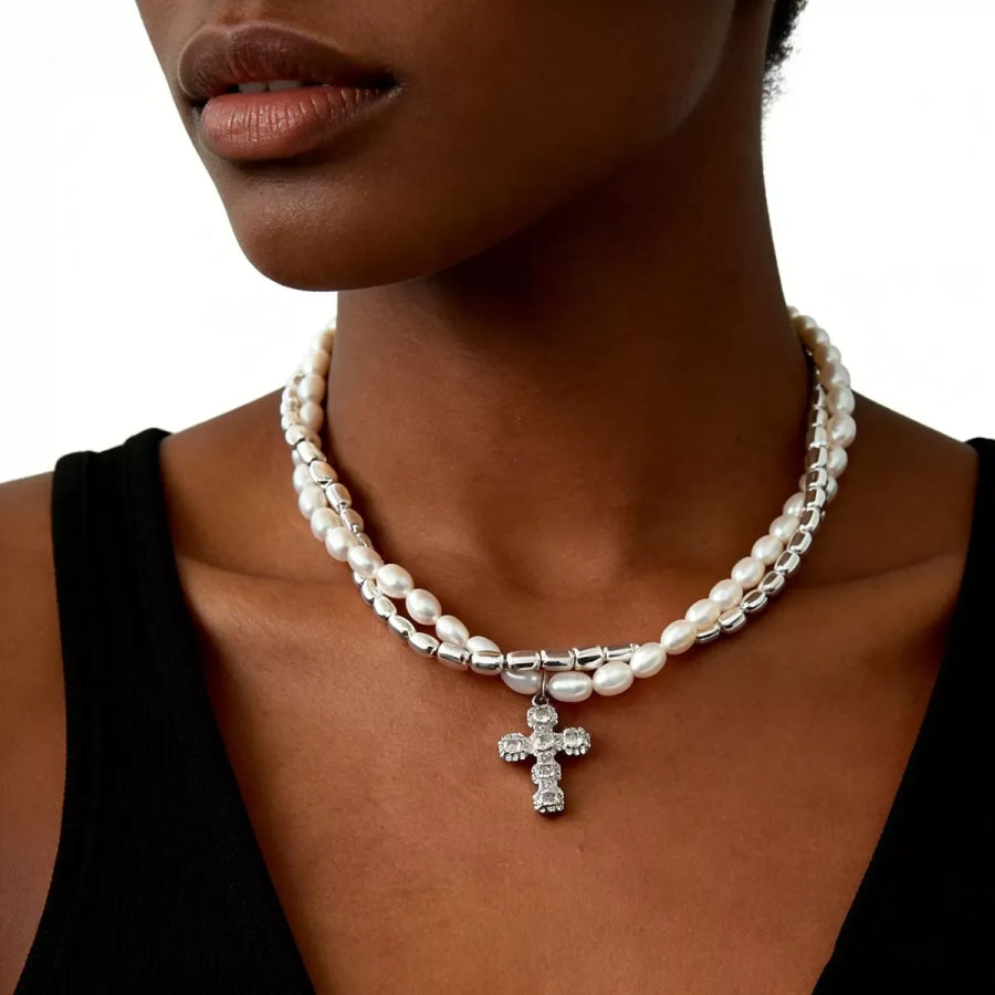 Elegant Pearl Alloy Necklace with Rhinestone Cross Pendant Silver / onesize Apparel and Accessories