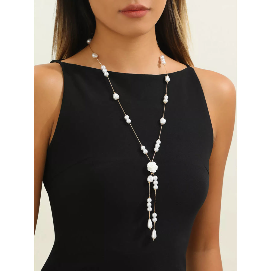 Elegant Pearl and Rose Pendant Necklace White / onesize Apparel Accessories