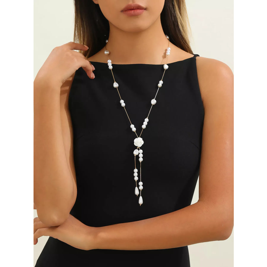 Elegant Pearl and Rose Pendant Necklace White / onesize Apparel Accessories