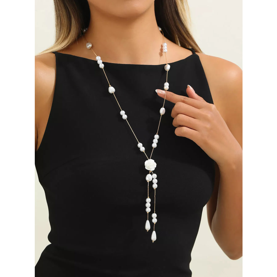 Elegant Pearl and Rose Pendant Necklace White / onesize Apparel Accessories