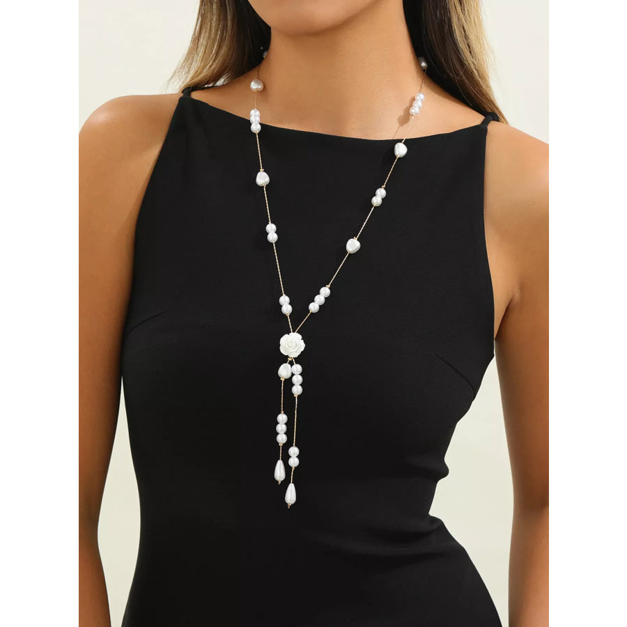 Elegant Pearl and Rose Pendant Necklace White / onesize Apparel Accessories