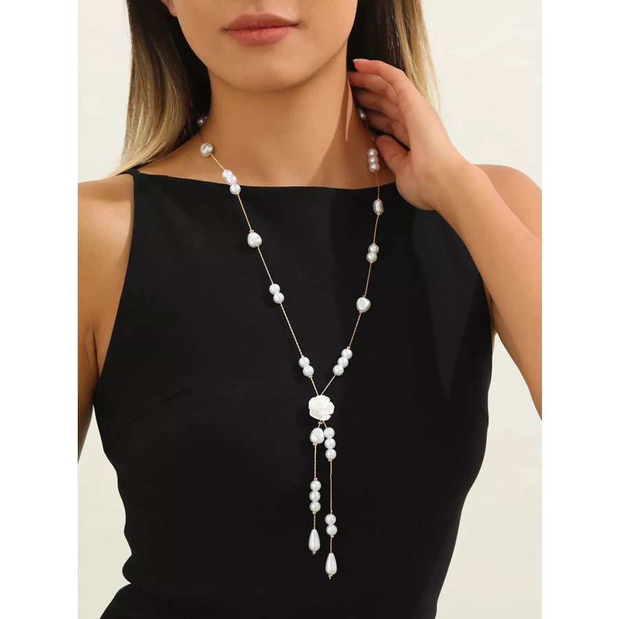Elegant Pearl and Rose Pendant Necklace White / onesize Apparel Accessories