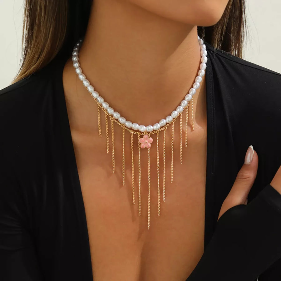 Elegant Pearl Choker Necklace with Flower Charm and Tassel Dangles White / onesize Apparel and Accessories