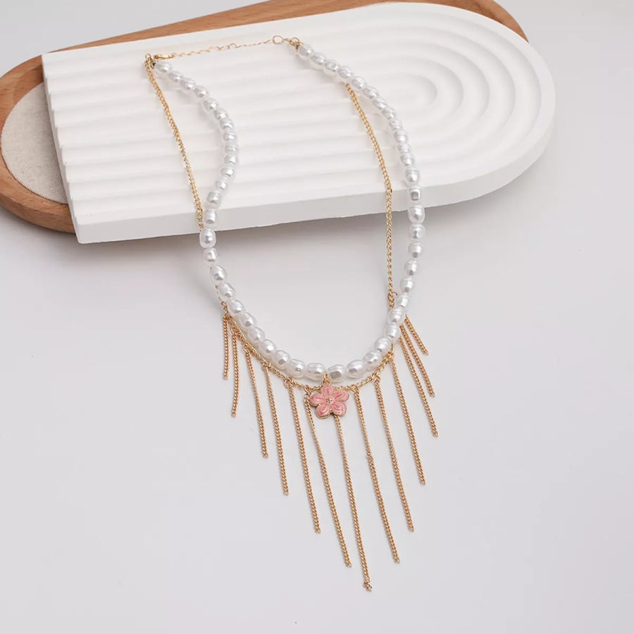 Elegant Pearl Choker Necklace with Flower Charm and Tassel Dangles White / onesize Apparel and Accessories