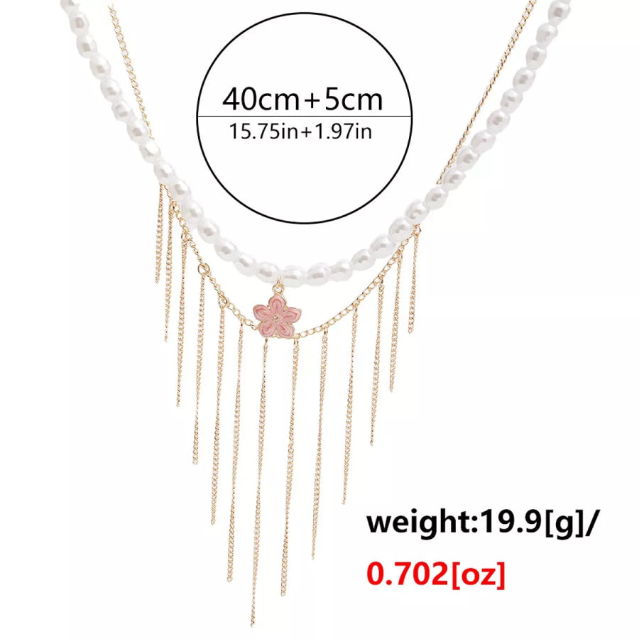Elegant Pearl Choker Necklace with Flower Charm and Tassel Dangles White / onesize Apparel and Accessories
