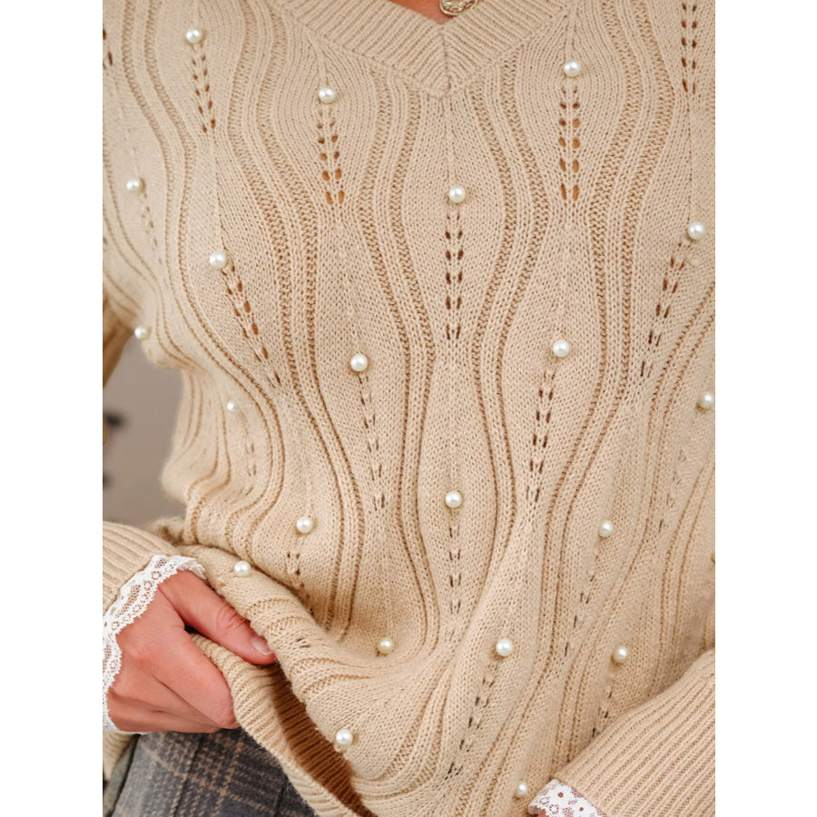 Elegant Pearl Embellished Sweater with Lace Detail Apparel and Accessories