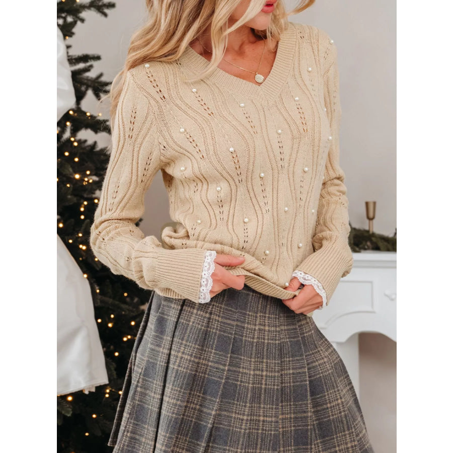 Elegant Pearl Embellished Sweater with Lace Detail Beige / S Apparel and Accessories