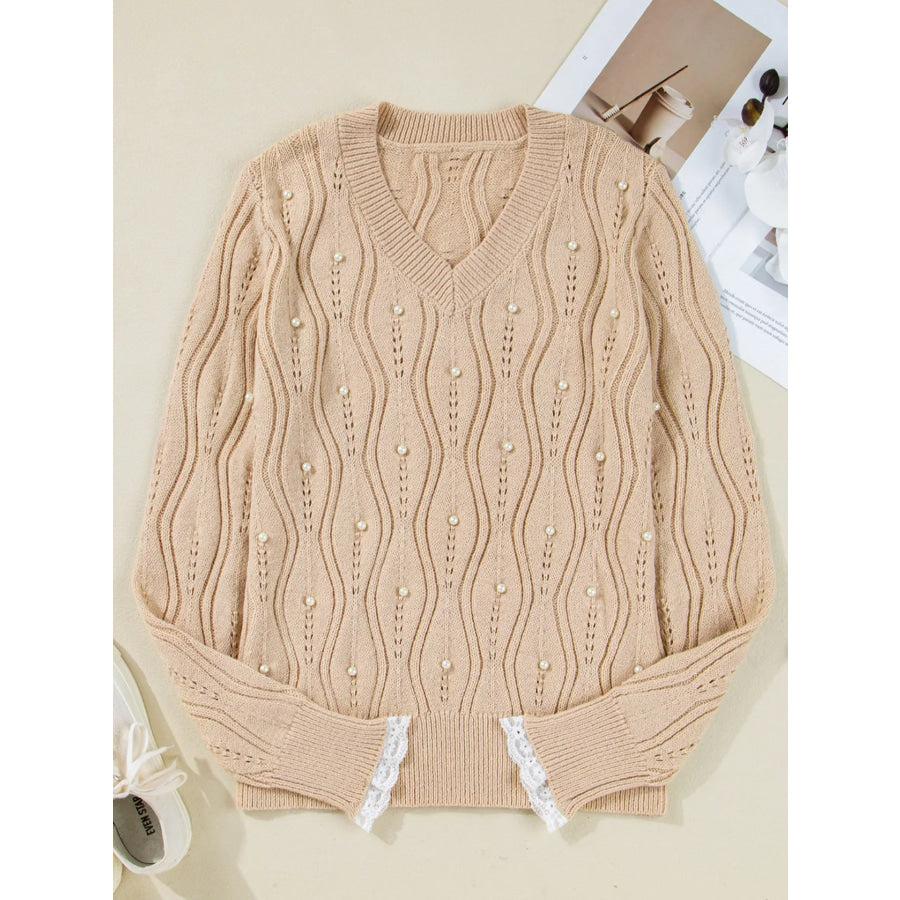 Elegant Pearl Embellished Sweater with Lace Detail Apparel and Accessories