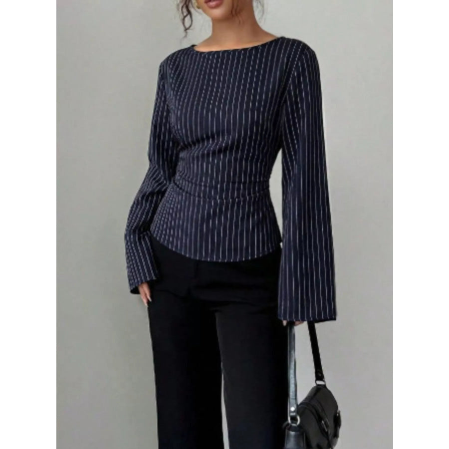 Elegant Pinstriped Bell Sleeve Blouse with Back Lace Up Apparel and Accessories