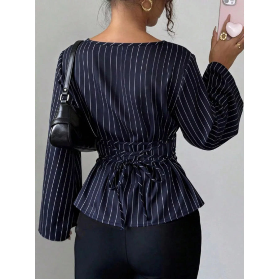 Elegant Pinstriped Bell Sleeve Blouse with Back Lace Up Apparel and Accessories