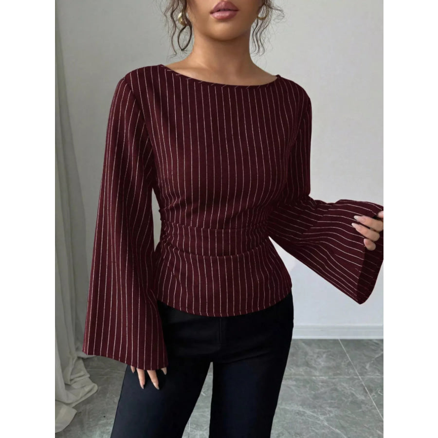 Elegant Pinstriped Bell Sleeve Blouse with Back Lace Up Apparel and Accessories