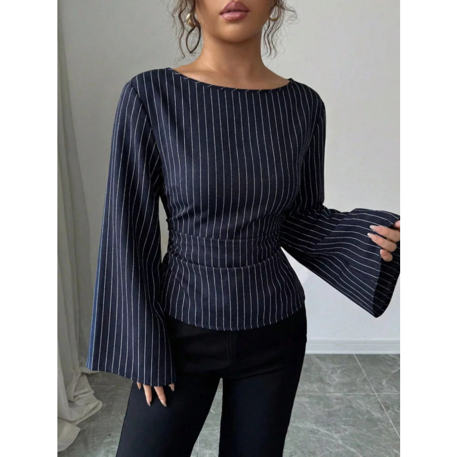Elegant Pinstriped Bell Sleeve Blouse with Back Lace Up Apparel and Accessories