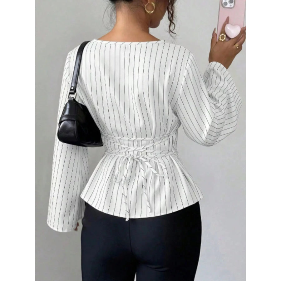 Elegant Pinstriped Bell Sleeve Blouse with Back Lace Up Apparel and Accessories
