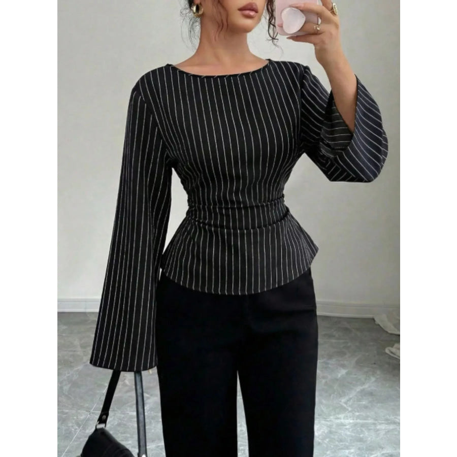 Elegant Pinstriped Bell Sleeve Blouse with Back Lace Up Apparel and Accessories