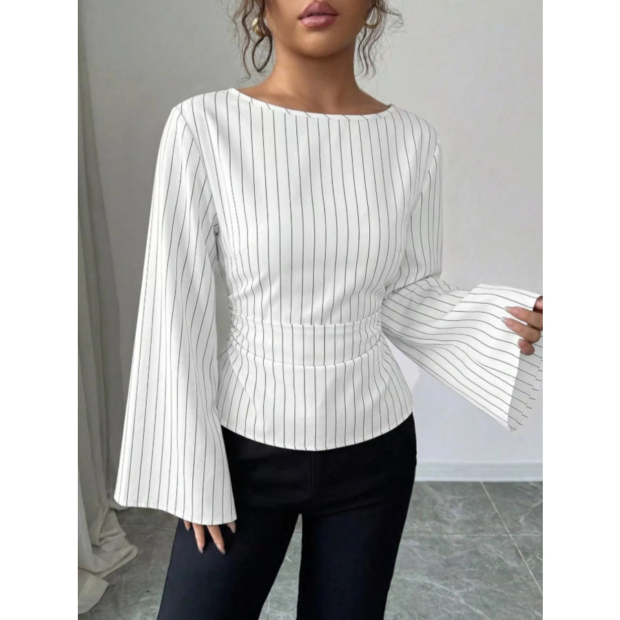 Elegant Pinstriped Bell Sleeve Blouse with Back Lace Up Apparel and Accessories