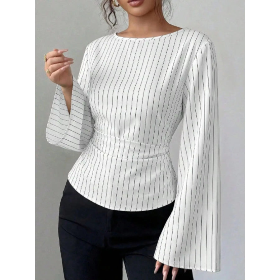 Elegant Pinstriped Bell Sleeve Blouse with Back Lace Up Apparel and Accessories