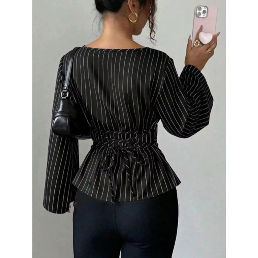 Elegant Pinstriped Bell Sleeve Blouse with Back Lace Up Apparel and Accessories