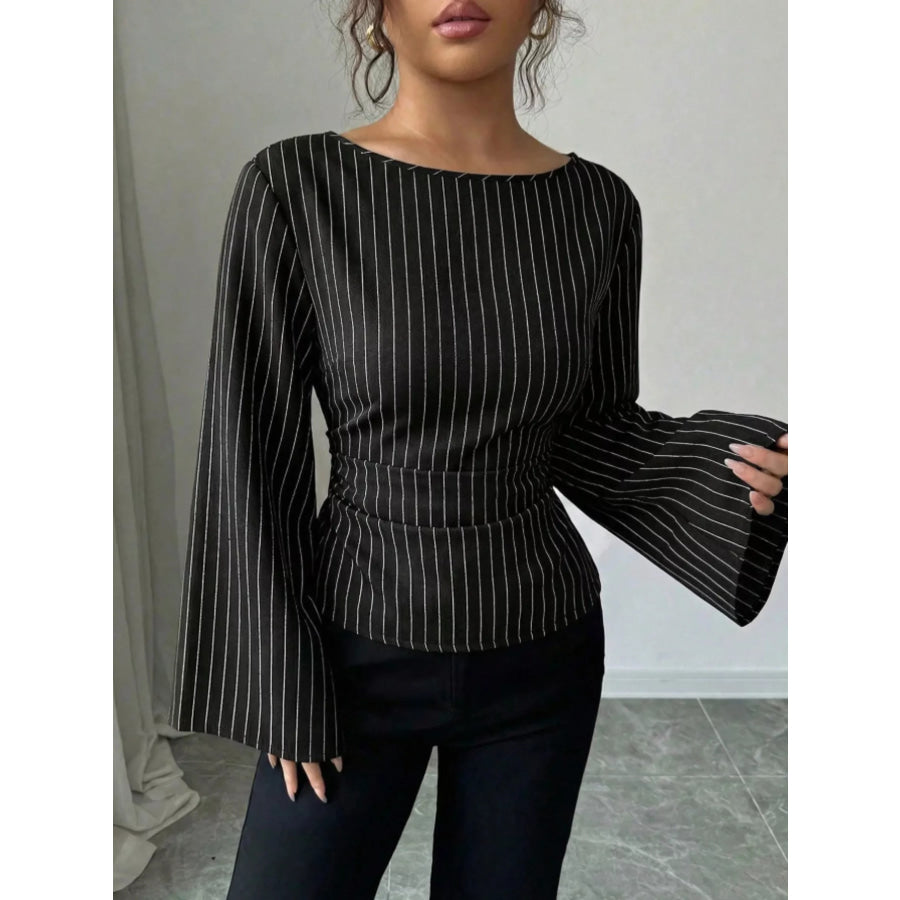 Elegant Pinstriped Bell Sleeve Blouse with Back Lace Up Black / S Apparel and Accessories