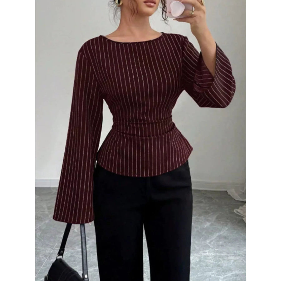 Elegant Pinstriped Bell Sleeve Blouse with Back Lace Up Burgundy / S Apparel and Accessories