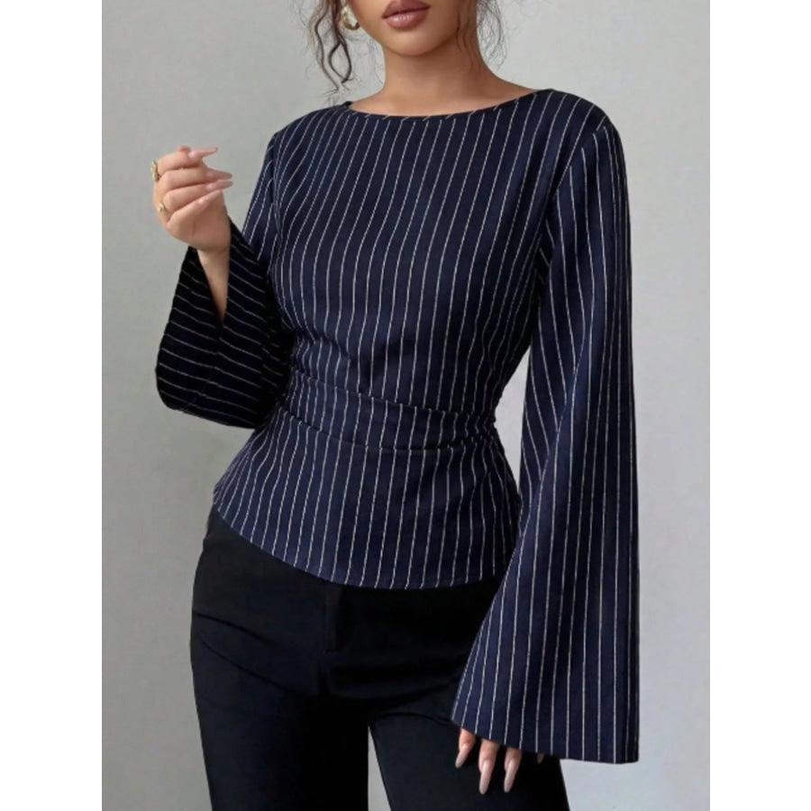 Elegant Pinstriped Bell Sleeve Blouse with Back Lace Up Dark Blue / S Apparel and Accessories