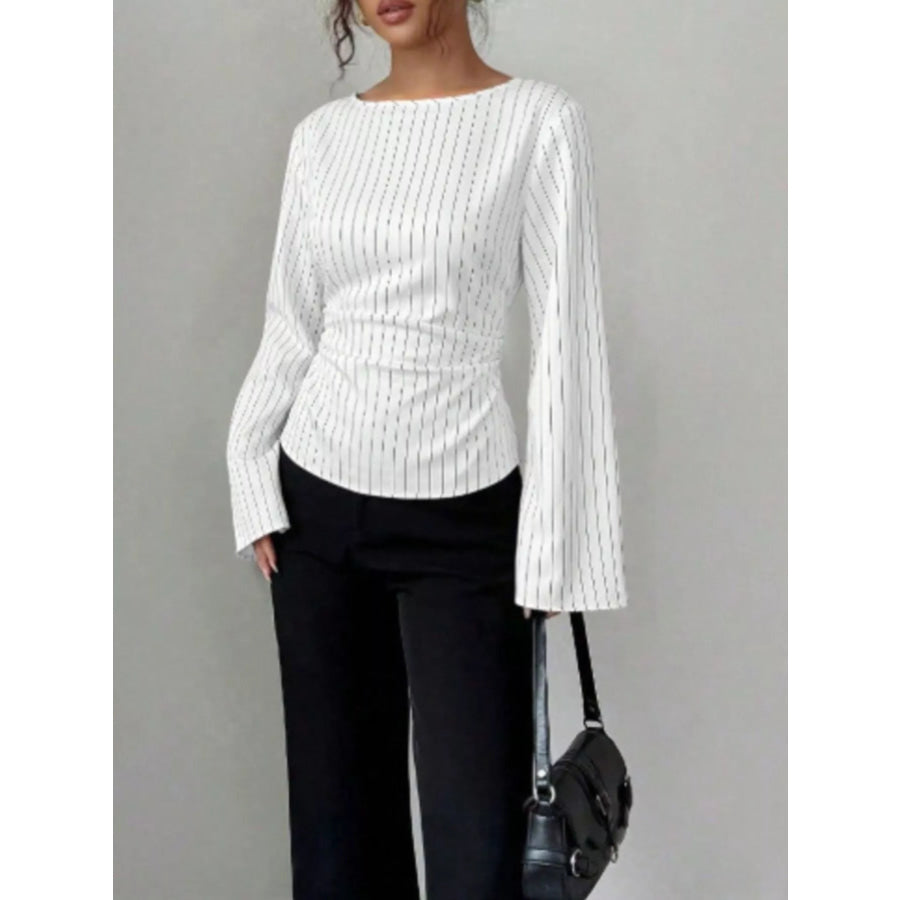 Elegant Pinstriped Bell Sleeve Blouse with Back Lace Up White / S Apparel and Accessories