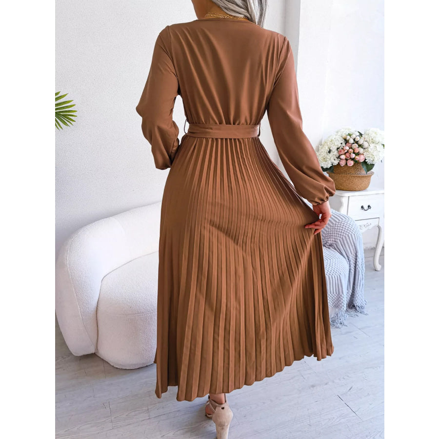 Elegant Pleated Front Tie Long Sleeve Dress Apparel and Accessories