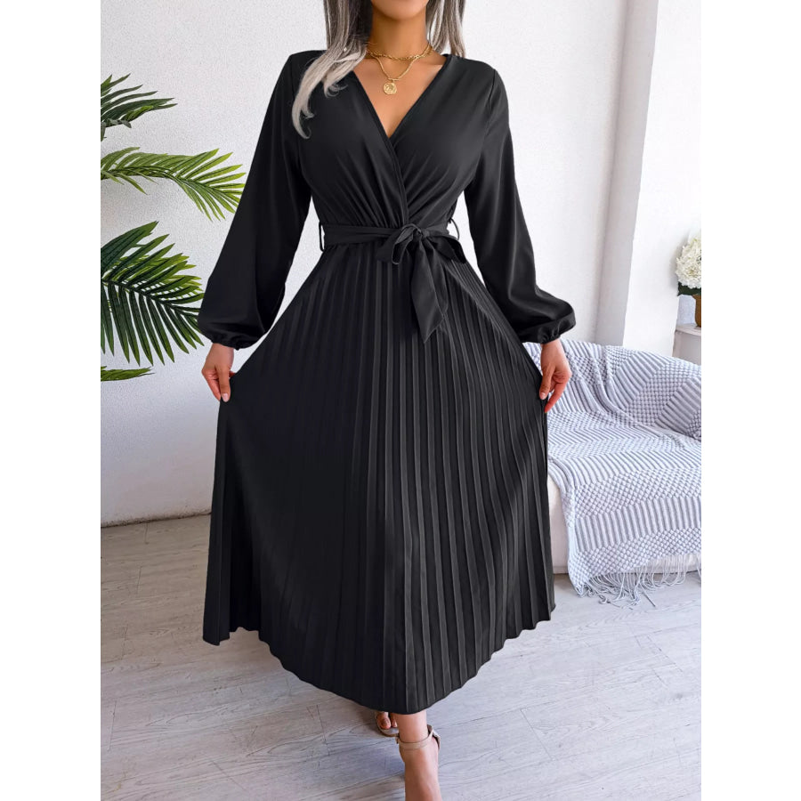 Elegant Pleated Front Tie Long Sleeve Dress Apparel and Accessories