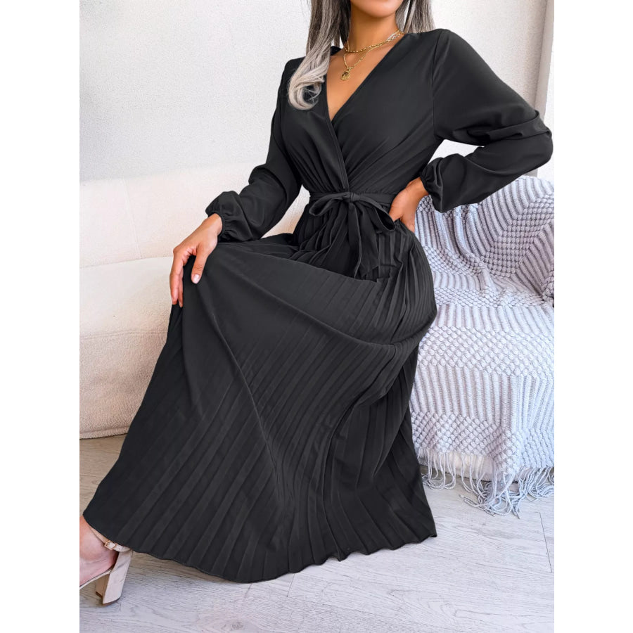 Elegant Pleated Front Tie Long Sleeve Dress Apparel and Accessories