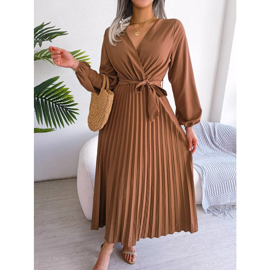 Elegant Pleated Front Tie Long Sleeve Dress Apparel and Accessories