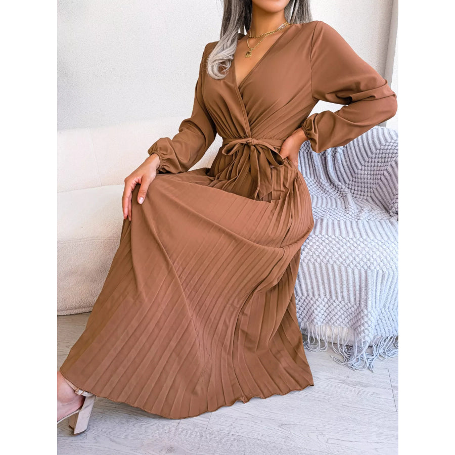 Elegant Pleated Front Tie Long Sleeve Dress Apparel and Accessories