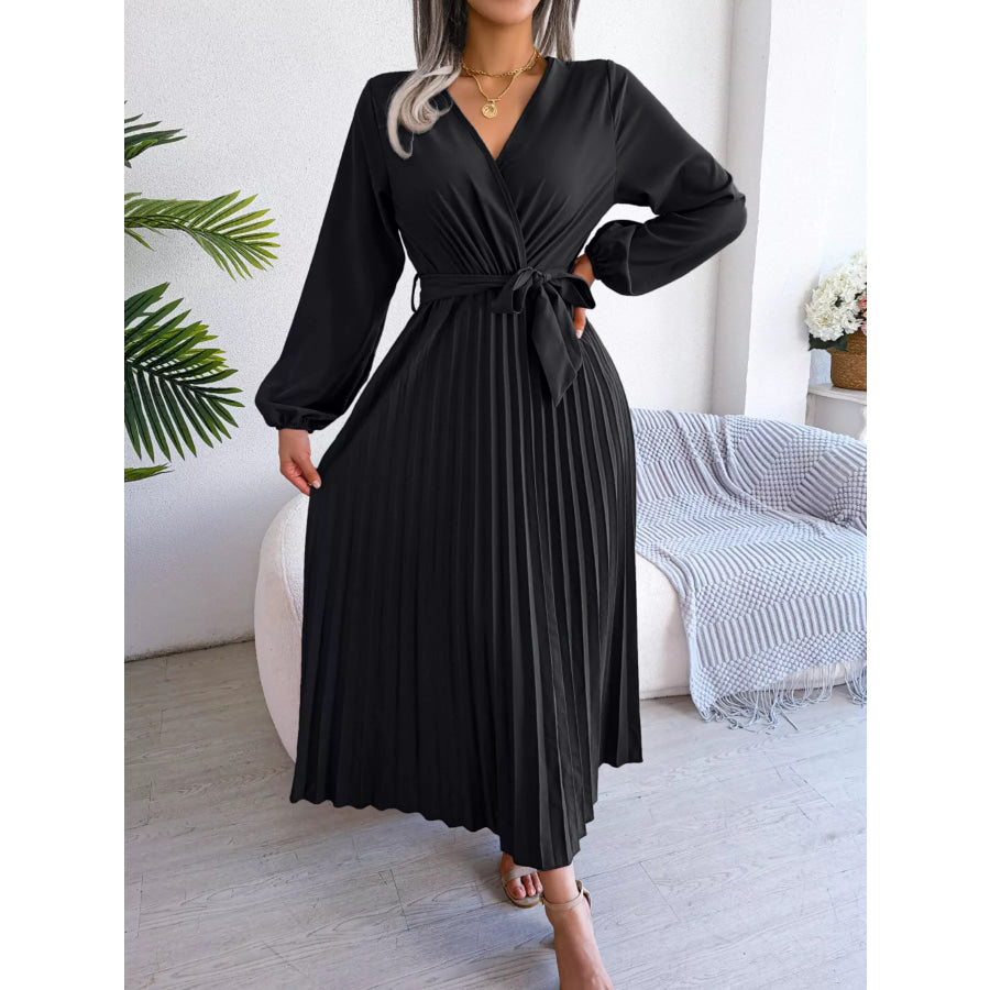 Elegant Pleated Front Tie Long Sleeve Dress Apparel and Accessories