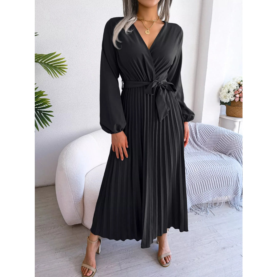 Elegant Pleated Front Tie Long Sleeve Dress Black / S Apparel and Accessories