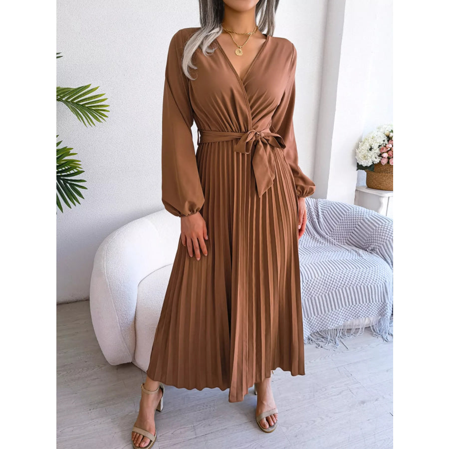 Elegant Pleated Front Tie Long Sleeve Dress Caramel / S Apparel and Accessories