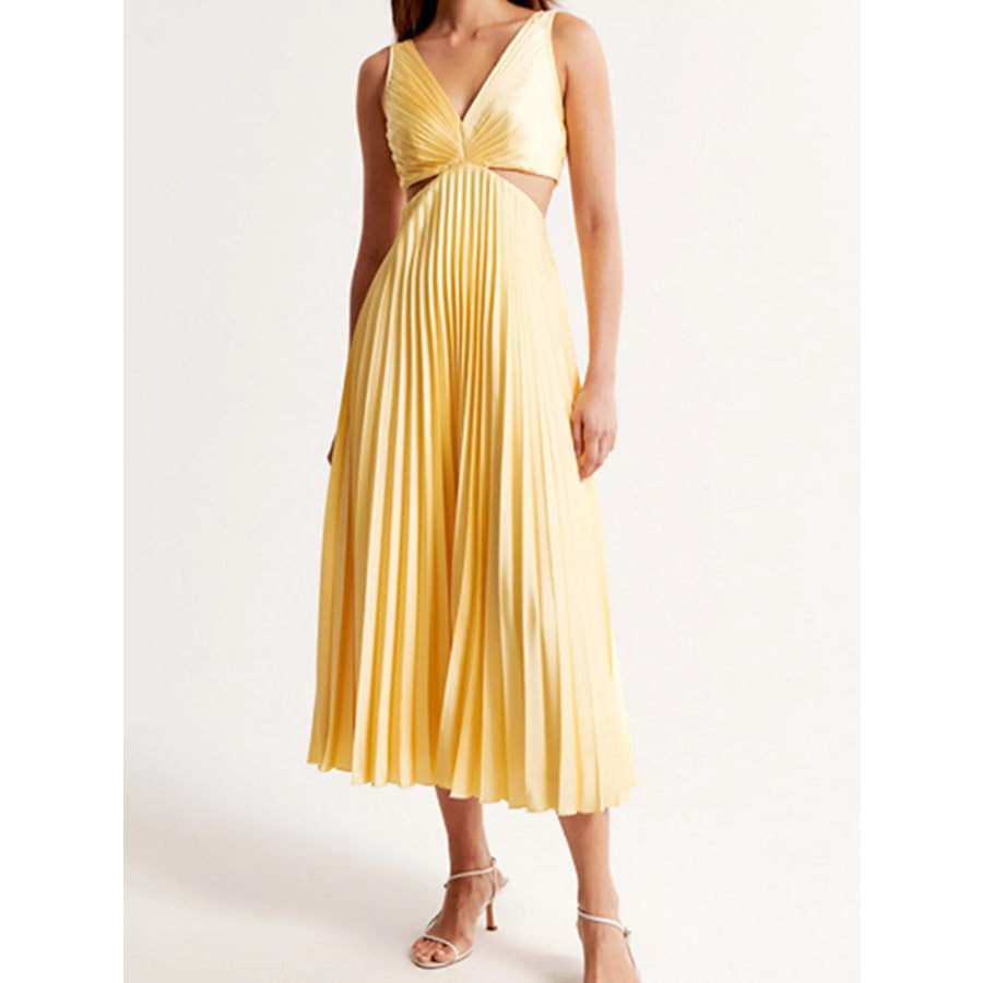 Elegant Pleated Midi Dress with Cut-out Details Yellow / S Apparel and Accessories